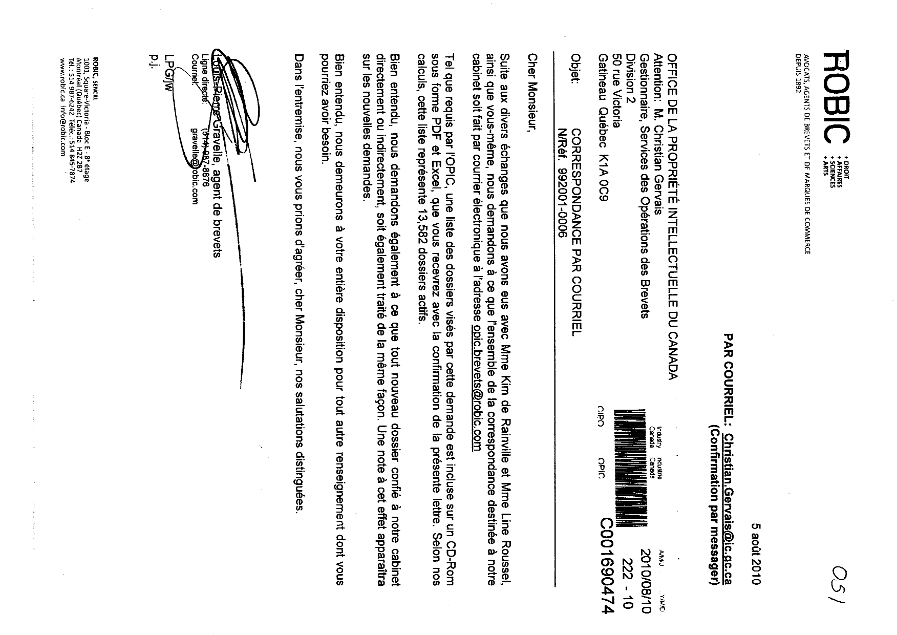 Document de brevet canadien 2129287. Correspondance 20091210. Image 1 de 2