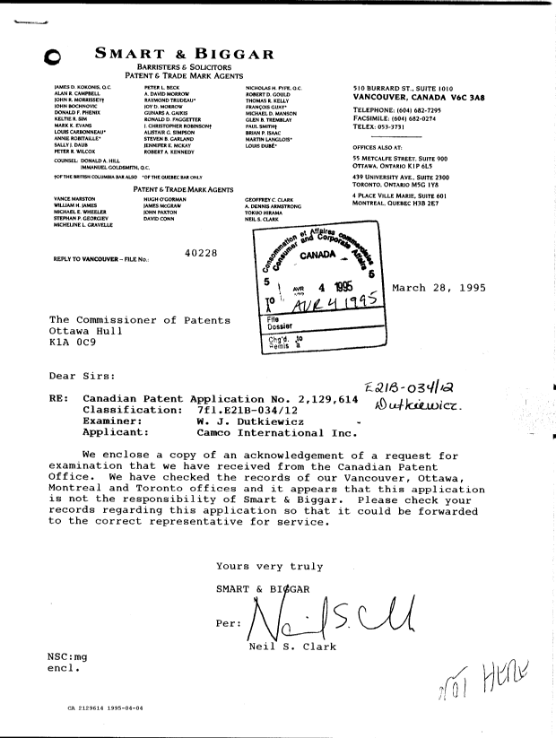 Document de brevet canadien 2129614. Correspondance reliée aux formalités 19950404. Image 1 de 2