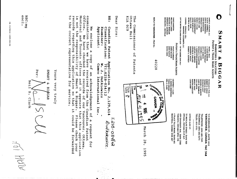 Canadian Patent Document 2129614. Correspondence Related to Formalities 19950404. Image 1 of 2