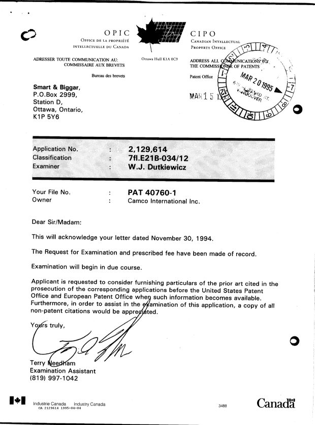 Canadian Patent Document 2129614. Correspondence Related to Formalities 19950404. Image 2 of 2