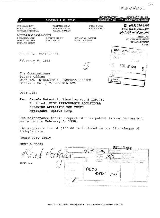 Canadian Patent Document 2129757. Fees 19971205. Image 1 of 1