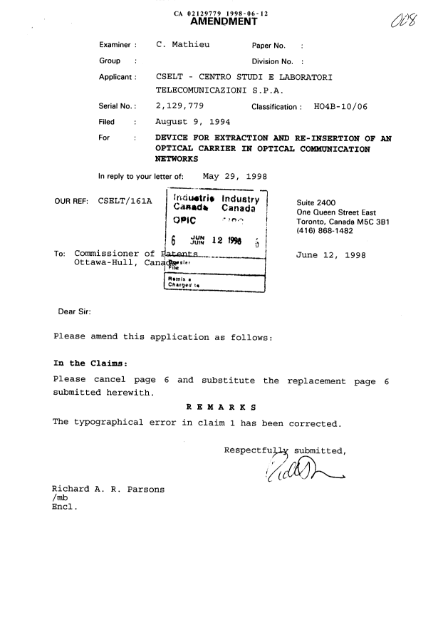 Canadian Patent Document 2129779. Prosecution-Amendment 19971212. Image 1 of 2