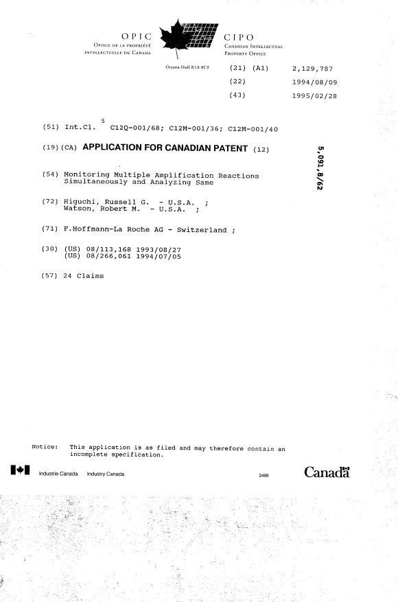 Canadian Patent Document 2129787. Cover Page 19941213. Image 1 of 1