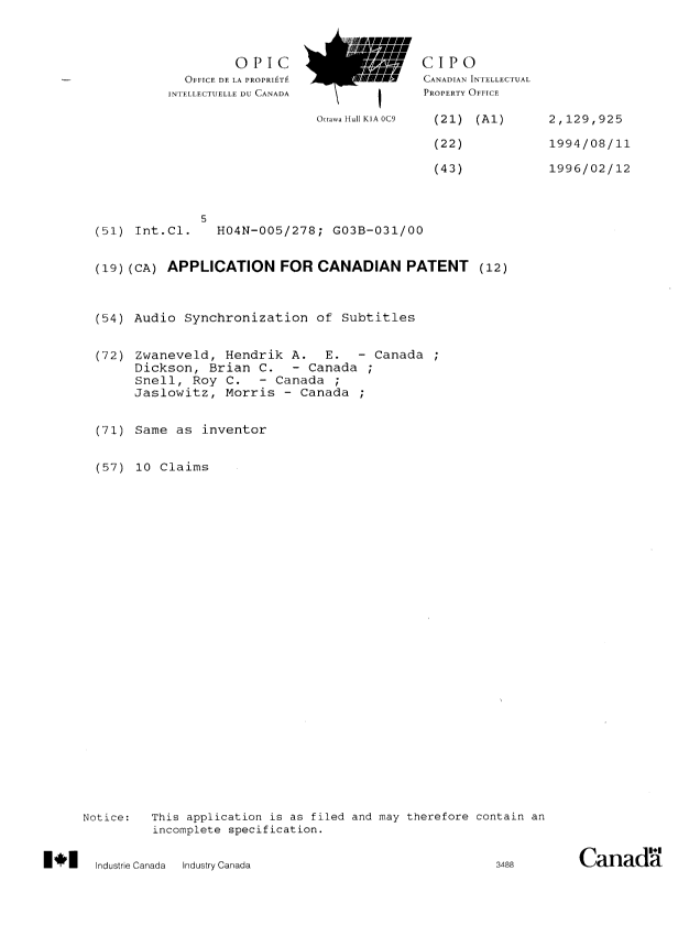 Canadian Patent Document 2129925. Cover Page 19960403. Image 1 of 1