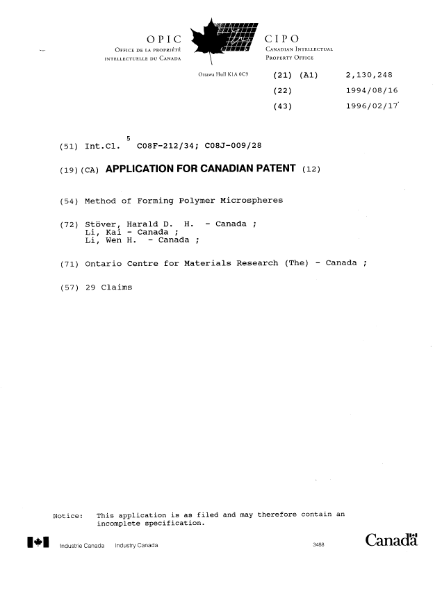 Canadian Patent Document 2130248. Cover Page 19951203. Image 1 of 1