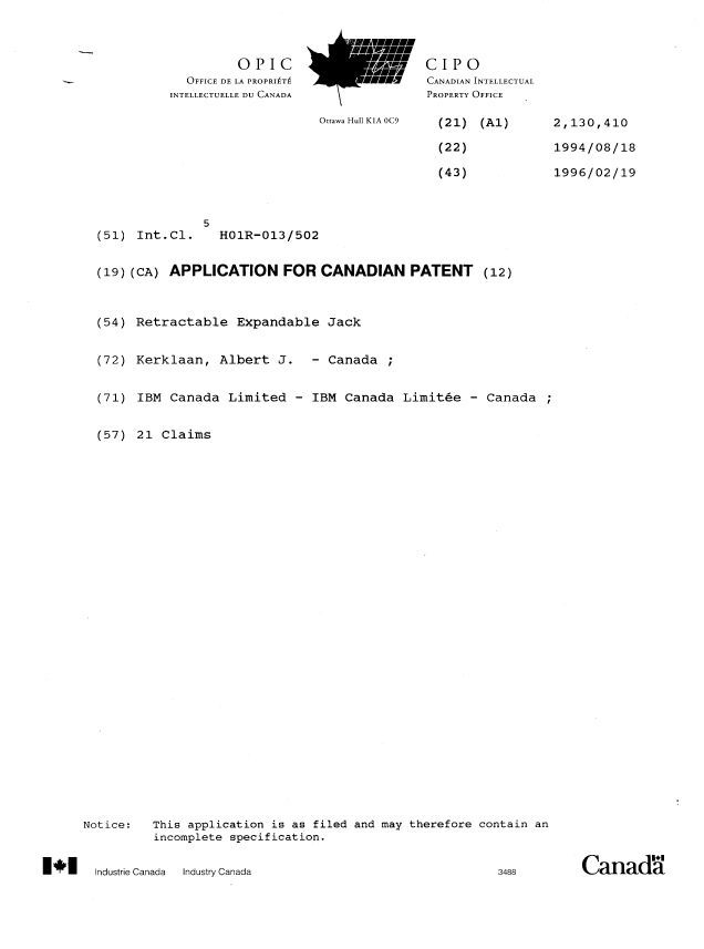 Canadian Patent Document 2130410. Cover Page 19951216. Image 1 of 1