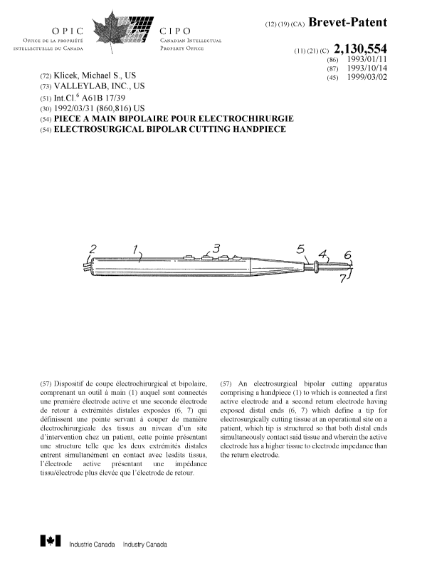 Canadian Patent Document 2130554. Cover Page 19990225. Image 1 of 1