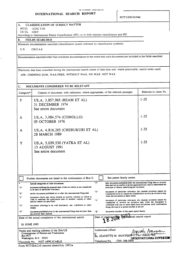 Document de brevet canadien 2130568. Rapport d'examen préliminaire international 19940819. Image 1 de 6