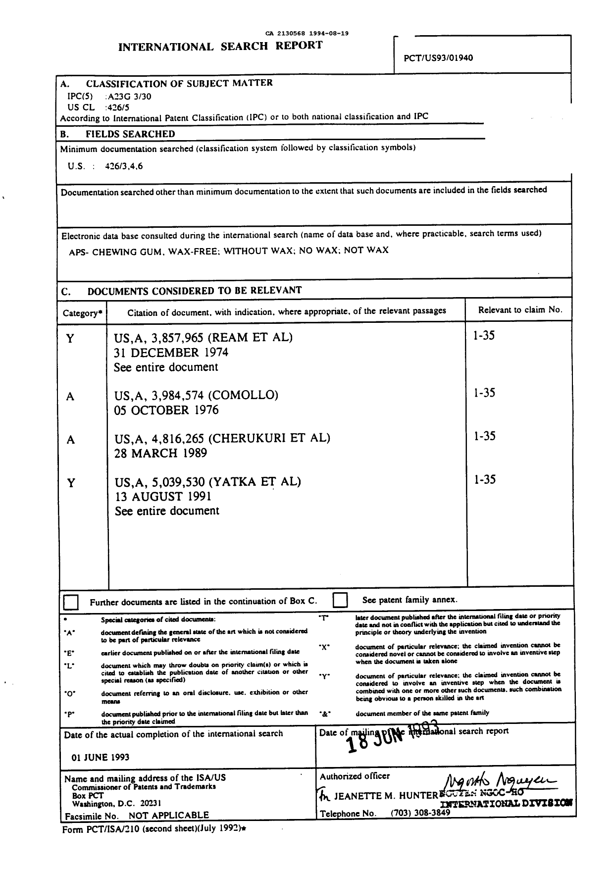 Canadian Patent Document 2130568. International Preliminary Examination Report 19940819. Image 1 of 6