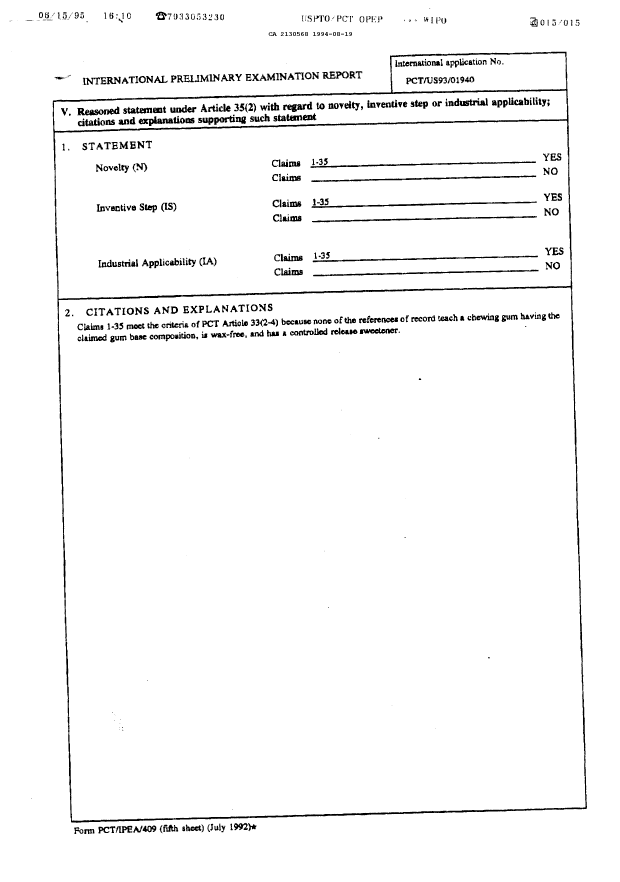 Canadian Patent Document 2130568. International Preliminary Examination Report 19940819. Image 6 of 6