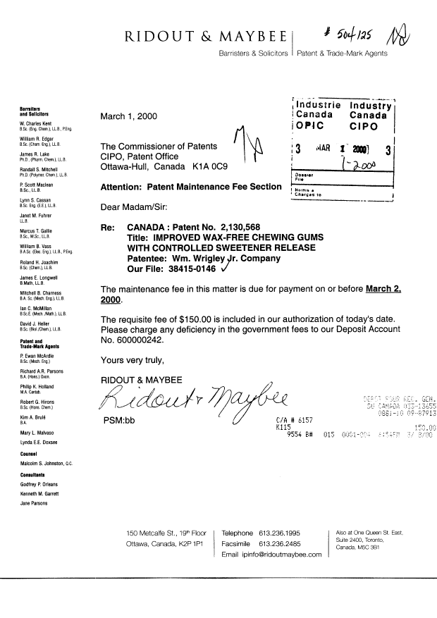 Document de brevet canadien 2130568. Taxes 20000301. Image 1 de 1