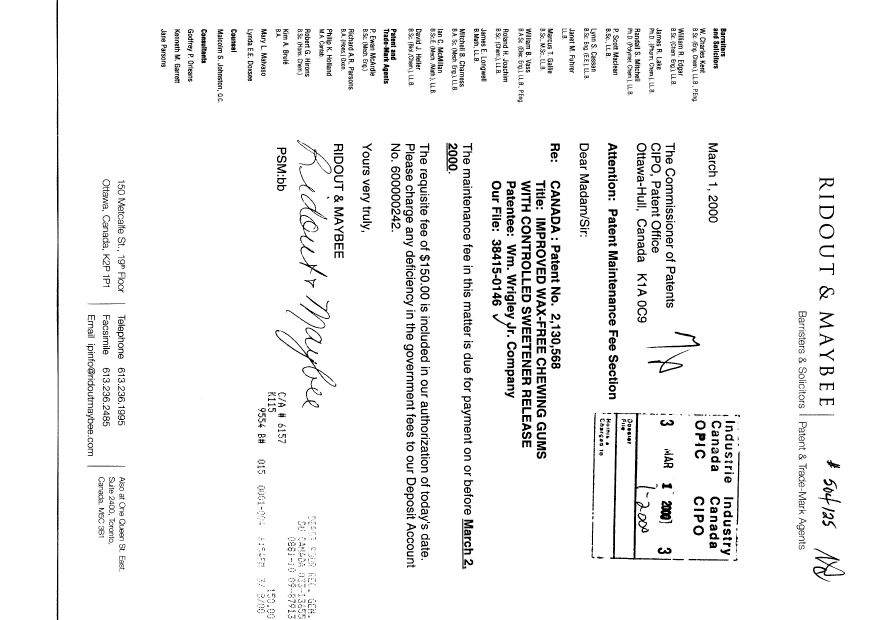 Canadian Patent Document 2130568. Fees 20000301. Image 1 of 1