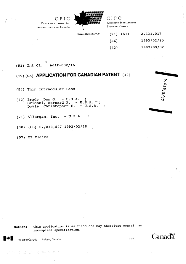 Document de brevet canadien 2131017. Page couverture 19930902. Image 1 de 1