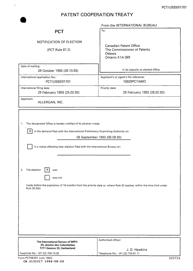 Document de brevet canadien 2131017. Rapport d'examen préliminaire international 19940826. Image 1 de 9