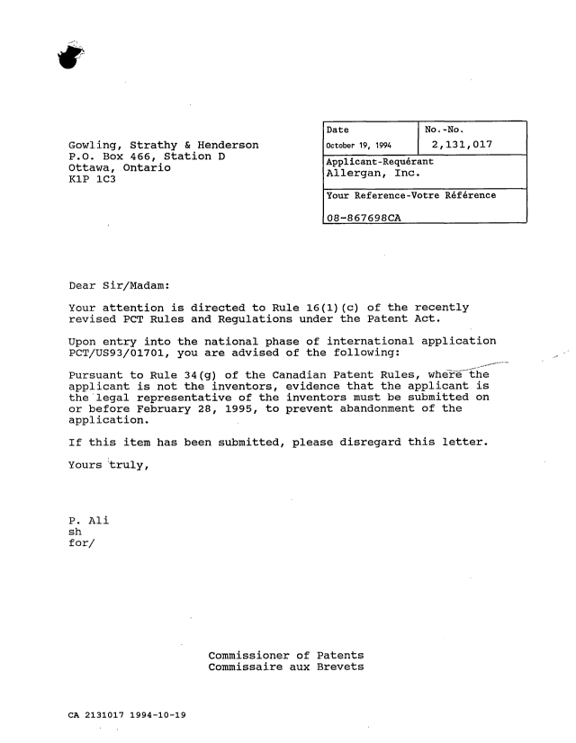 Document de brevet canadien 2131017. Lettre du bureau 19941019. Image 1 de 1
