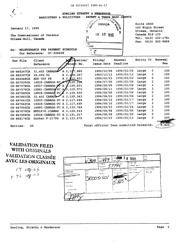Document de brevet canadien 2131017. Taxes 19950117. Image 1 de 1