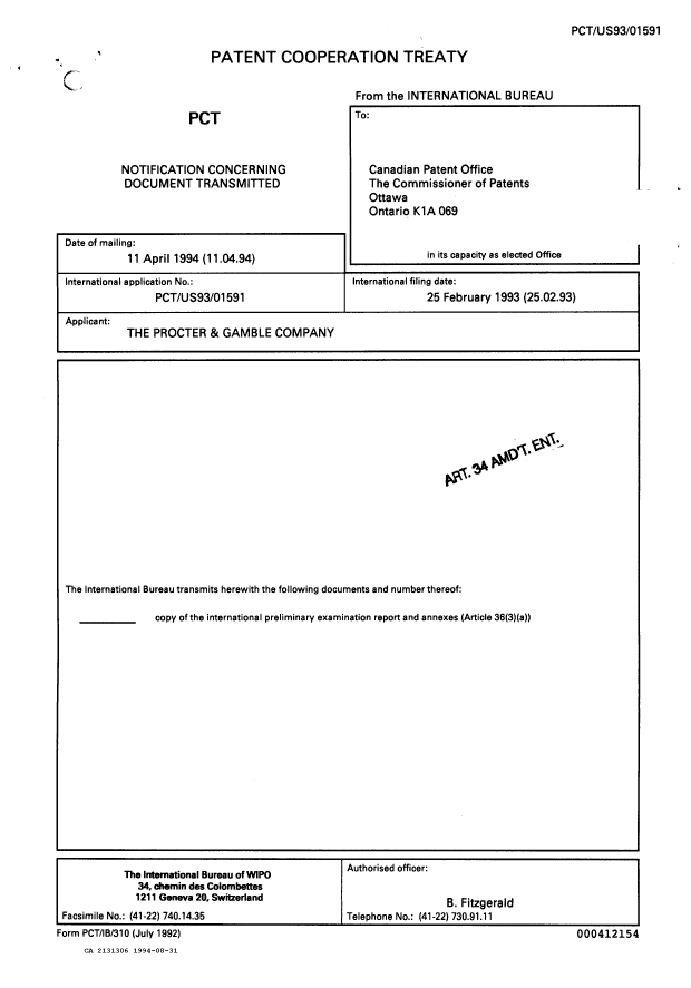 Document de brevet canadien 2131306. Rapport d'examen préliminaire international 19940831. Image 1 de 15
