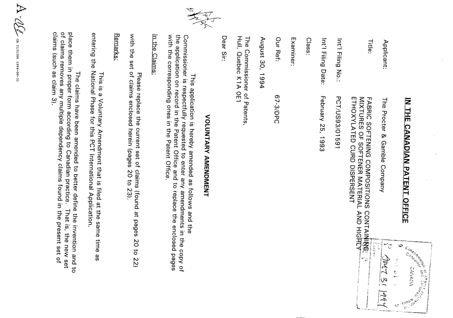 Canadian Patent Document 2131306. Prosecution Correspondence 19940831. Image 1 of 2