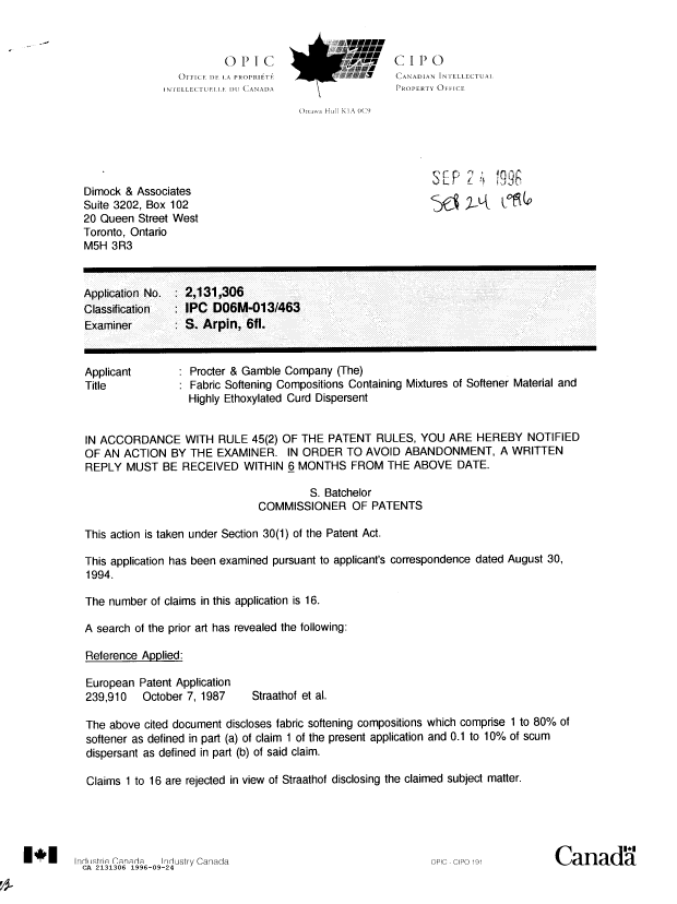 Canadian Patent Document 2131306. Office Letter 19960924. Image 1 of 2
