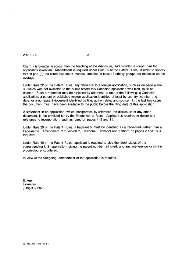 Canadian Patent Document 2131306. Office Letter 19960924. Image 2 of 2