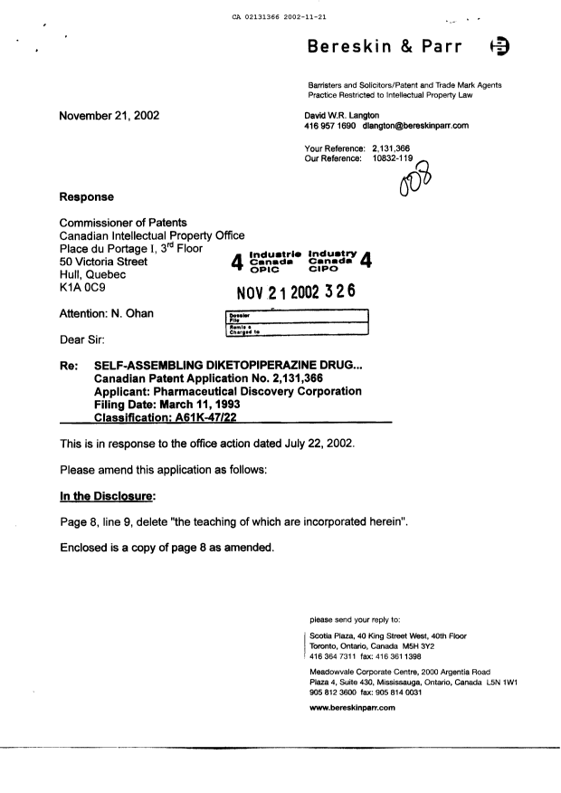 Canadian Patent Document 2131366. Prosecution-Amendment 20021121. Image 1 of 6