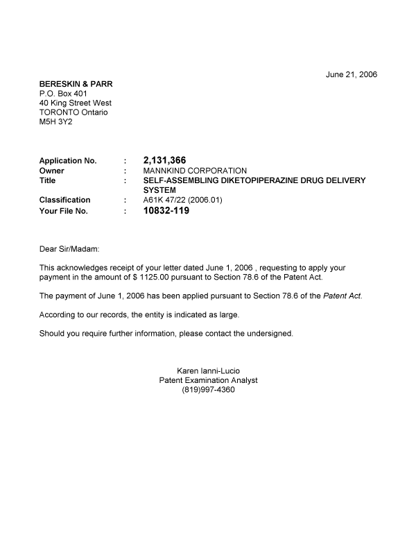 Document de brevet canadien 2131366. Correspondance 20060621. Image 1 de 1