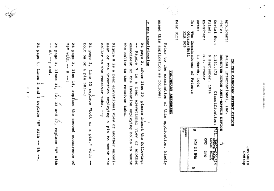Canadian Patent Document 2131472. Prosecution Correspondence 19960311. Image 1 of 3
