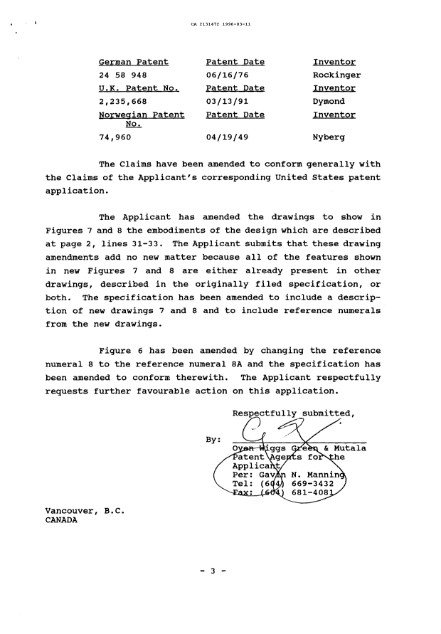 Canadian Patent Document 2131472. Prosecution Correspondence 19960311. Image 3 of 3