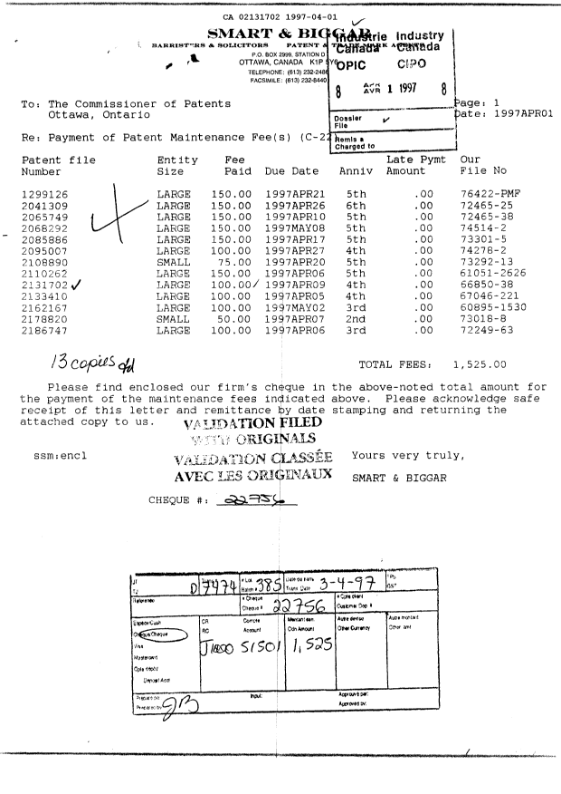 Document de brevet canadien 2131702. Taxes 19970401. Image 1 de 1