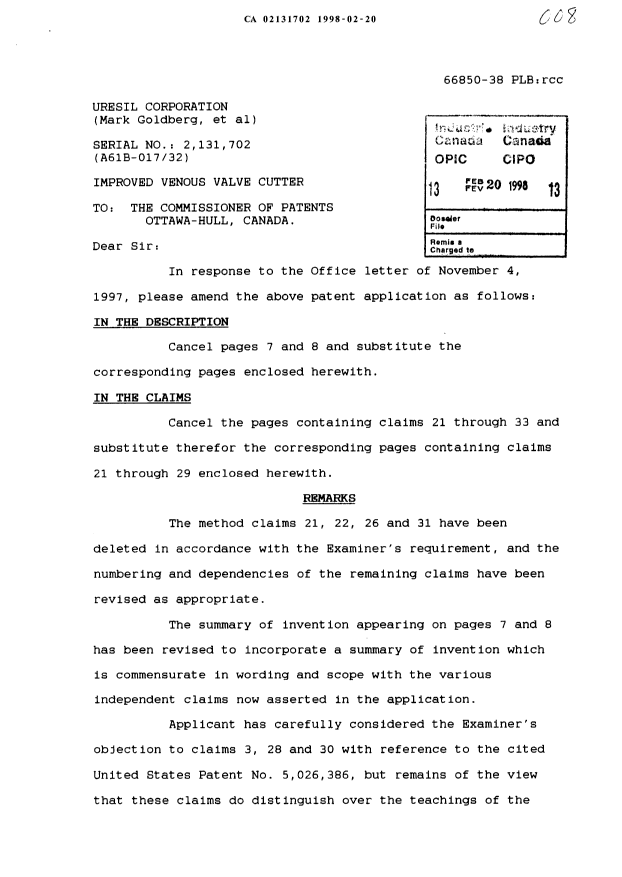 Document de brevet canadien 2131702. Poursuite-Amendment 19980220. Image 1 de 9
