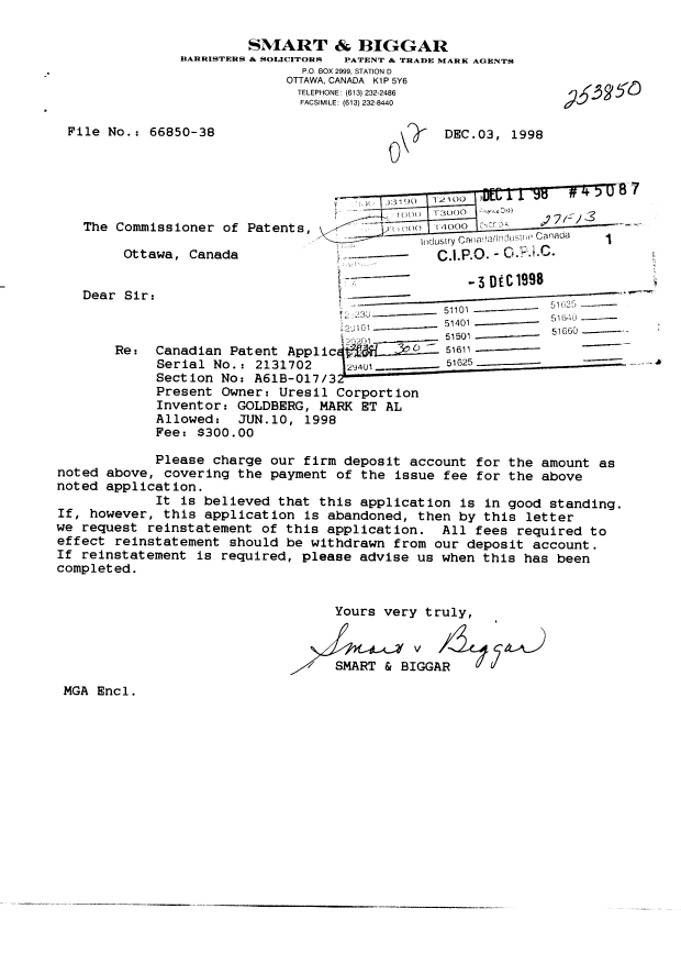 Document de brevet canadien 2131702. Correspondance 19981203. Image 1 de 1