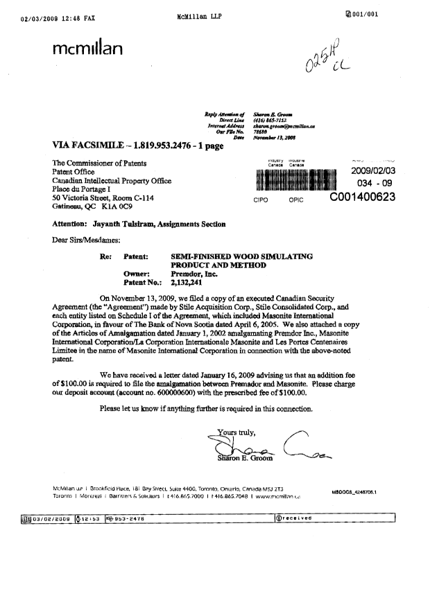 Canadian Patent Document 2132241. Assignment 20090203. Image 1 of 1