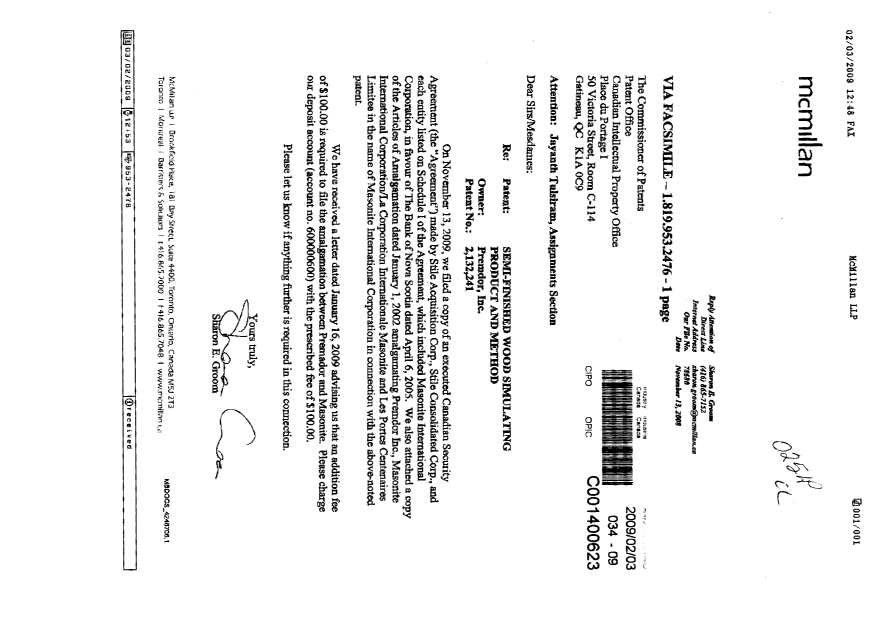 Canadian Patent Document 2132241. Assignment 20090203. Image 1 of 1