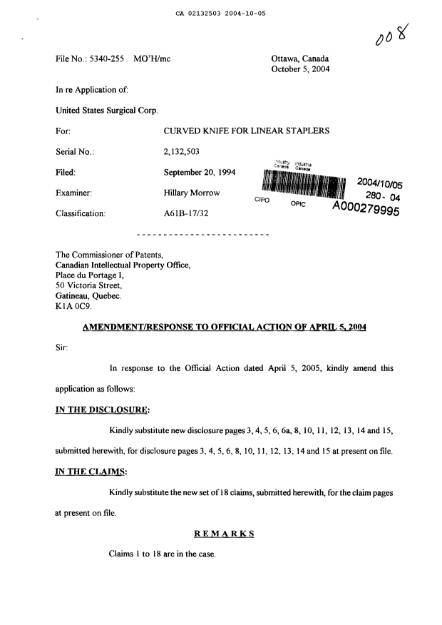 Canadian Patent Document 2132503. Prosecution-Amendment 20041005. Image 1 of 18