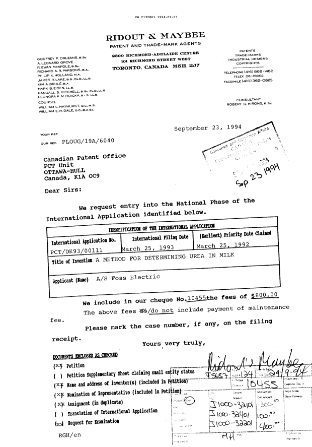 Document de brevet canadien 2132861. Demande d'entrée en phase nationale 19940923. Image 1 de 4