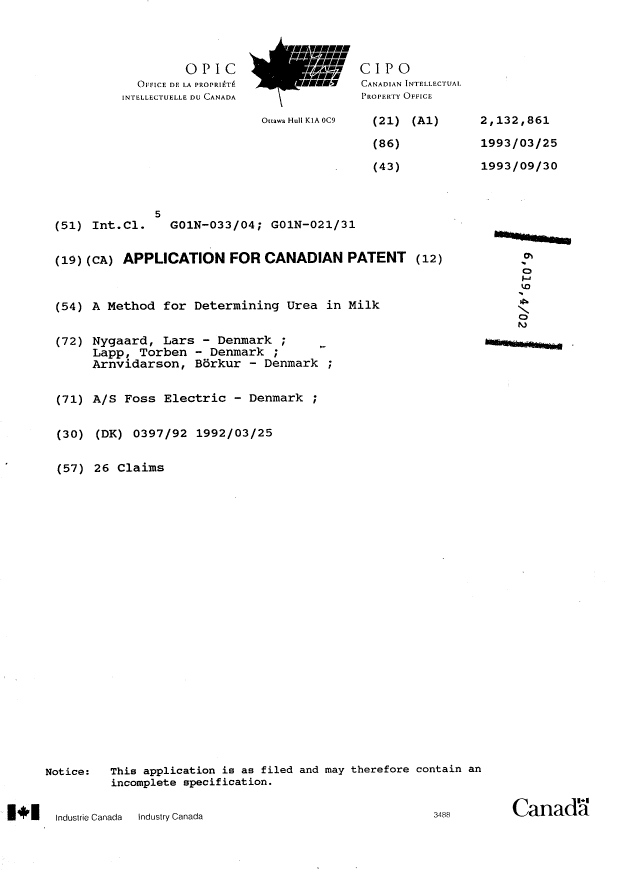 Document de brevet canadien 2132861. Page couverture 19950916. Image 1 de 1