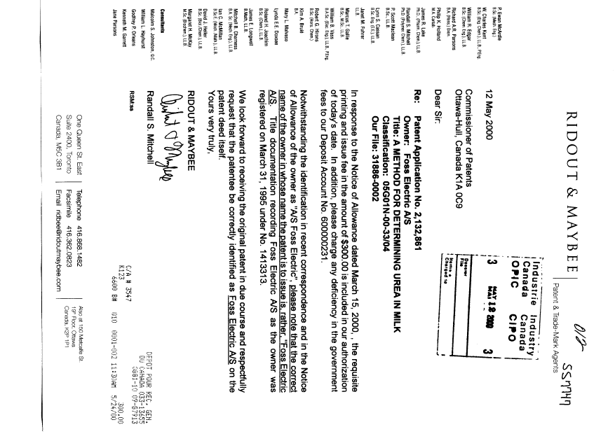 Canadian Patent Document 2132861. Correspondence 20000512. Image 1 of 1