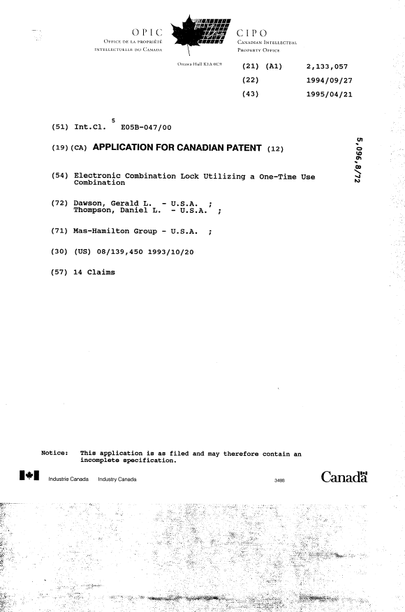 Canadian Patent Document 2133057. Cover Page 19950606. Image 1 of 1