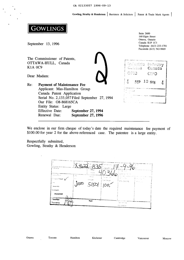Canadian Patent Document 2133057. Fees 19960913. Image 1 of 1