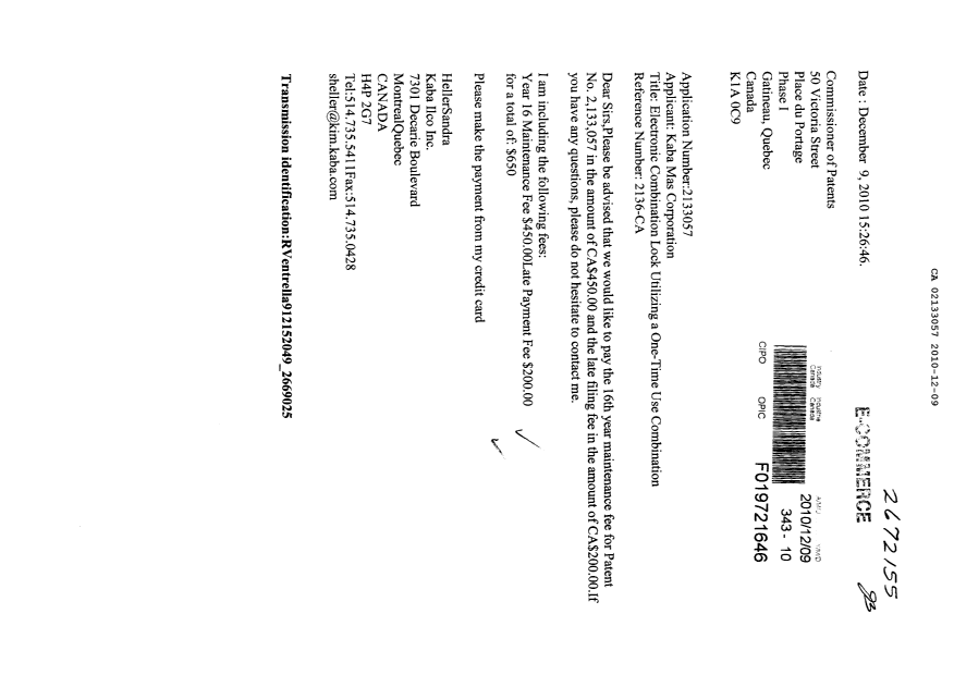 Canadian Patent Document 2133057. Fees 20091209. Image 1 of 1