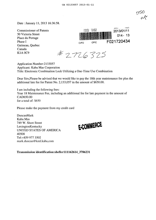 Canadian Patent Document 2133057. Fees 20121211. Image 1 of 1