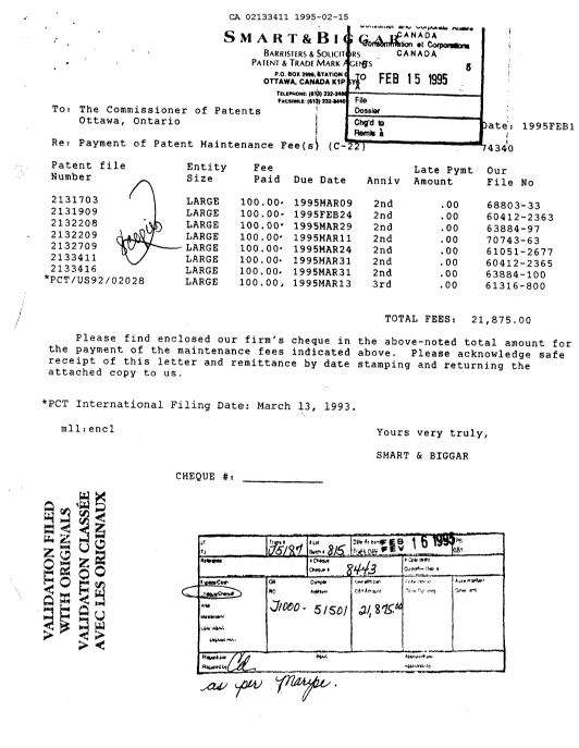 Canadian Patent Document 2133411. Fees 19950215. Image 1 of 1