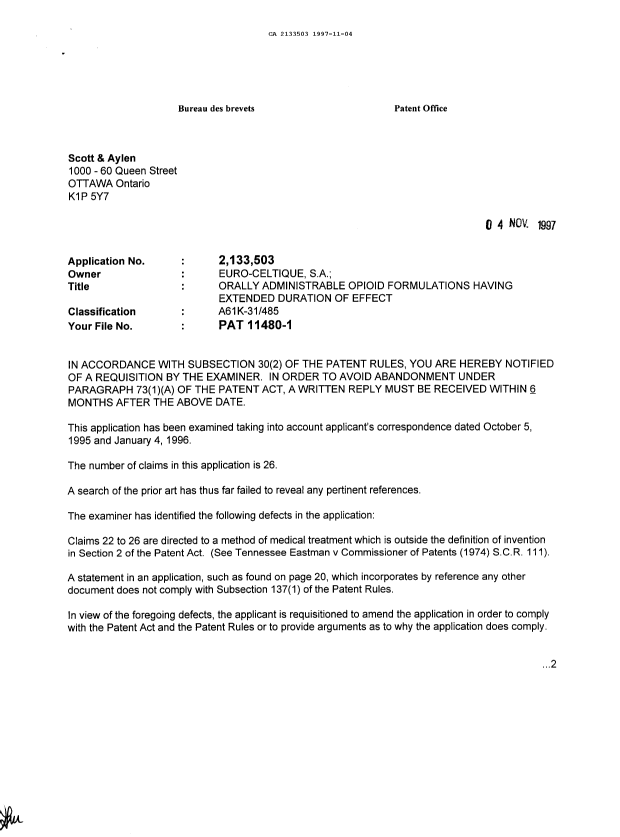 Document de brevet canadien 2133503. Demande d'examen 19971104. Image 1 de 2