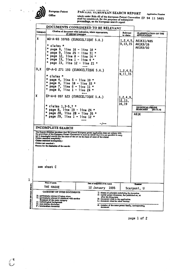 Canadian Patent Document 2133503. Prosecution Correspondence 19980430. Image 1 of 5