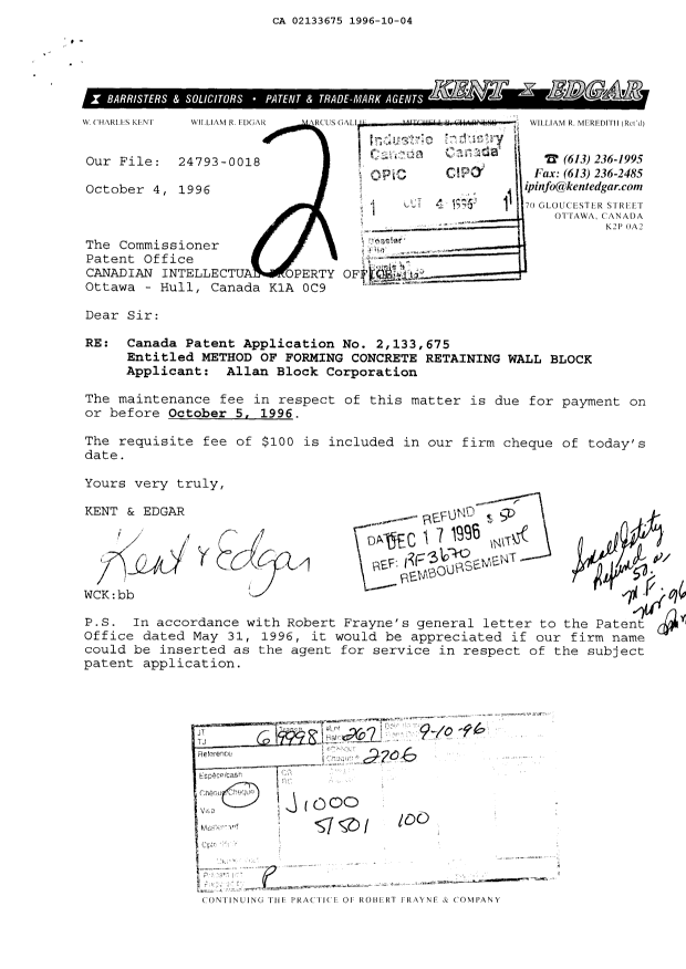 Document de brevet canadien 2133675. Taxes 19961004. Image 1 de 1