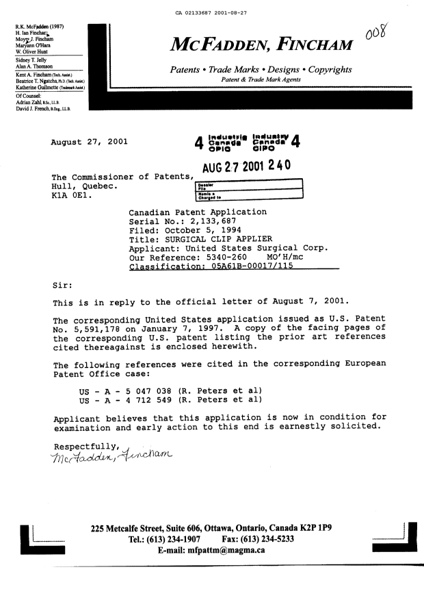 Canadian Patent Document 2133687. Prosecution-Amendment 20010827. Image 1 of 1