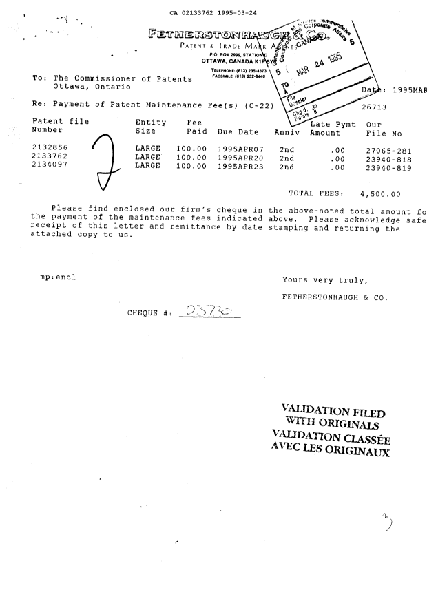 Canadian Patent Document 2133762. Fees 19941224. Image 1 of 1