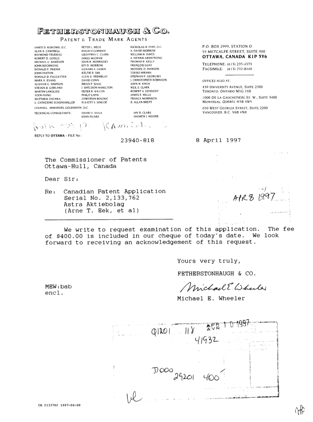 Canadian Patent Document 2133762. Prosecution-Amendment 19961208. Image 1 of 1