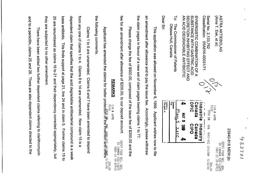 Canadian Patent Document 2133762. Prosecution-Amendment 19991205. Image 1 of 11
