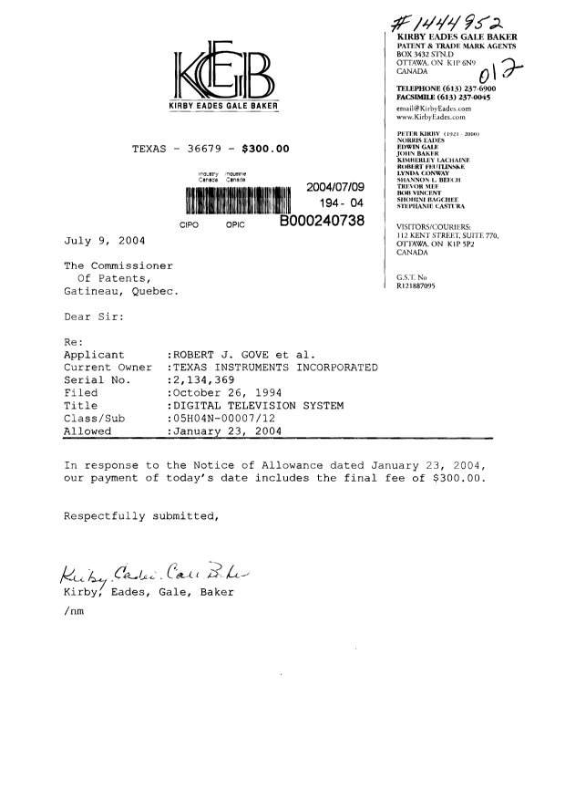 Canadian Patent Document 2134369. Correspondence 20031209. Image 1 of 1